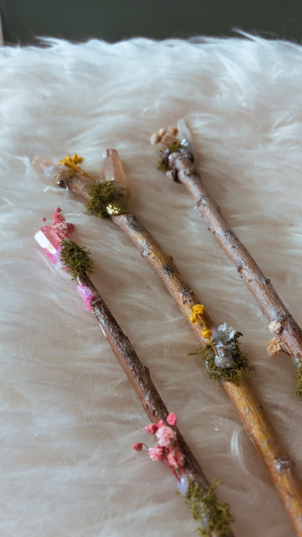 Moonflower Crystal Wands | Handmade Nature Wands with Crystals, Moss & Wildflowers