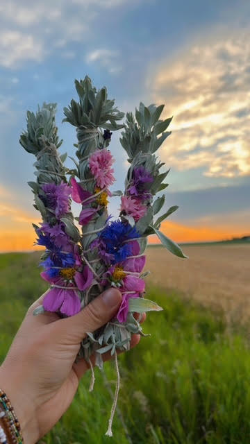 Hand holding a sage plant wand against a sunset sky